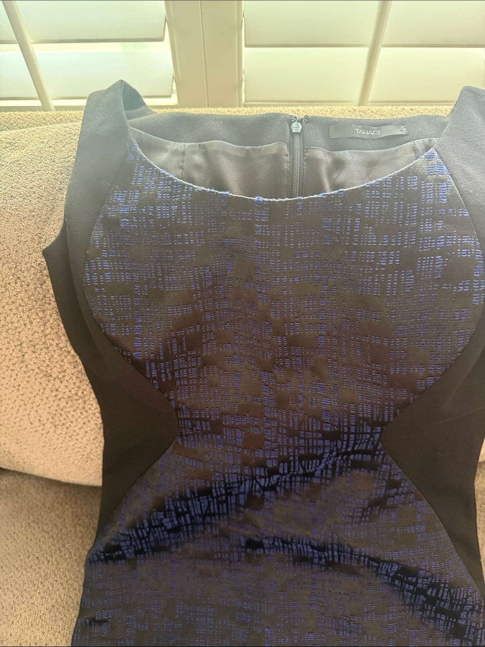 Tahari Blue and Black Textured Panel Sheath Dress